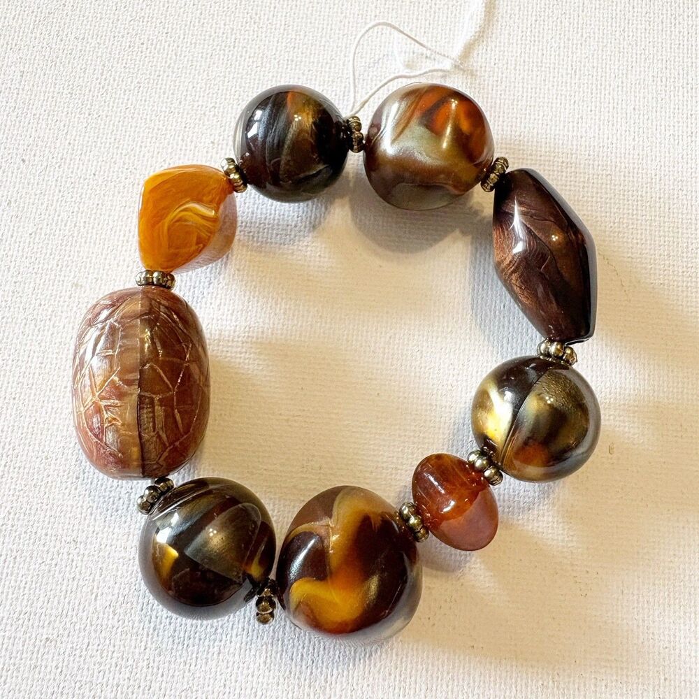 Beaded Stretch Bracelet Browns Faux Wood Natural Look Boho Ethnic